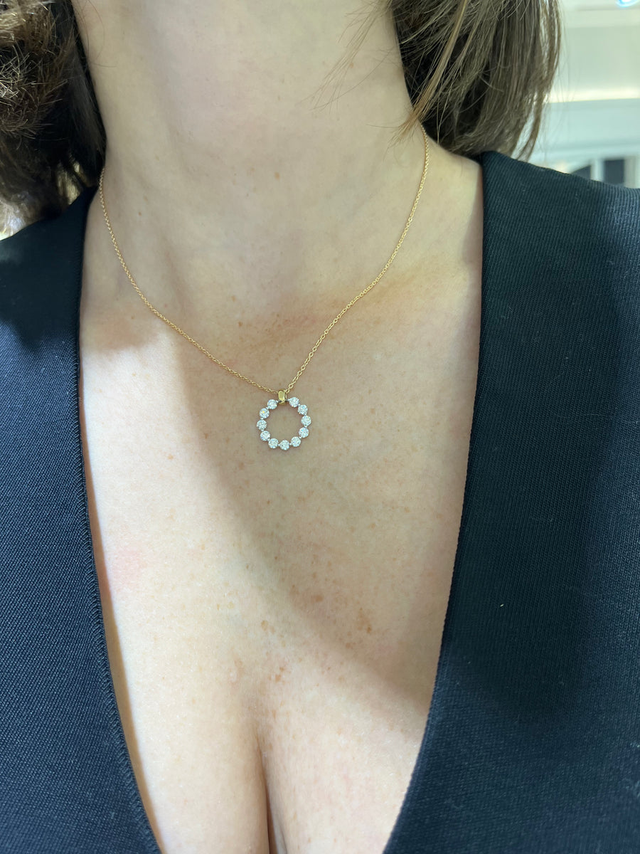 Two Tone Round Diamond Open Circle Pendant Necklace