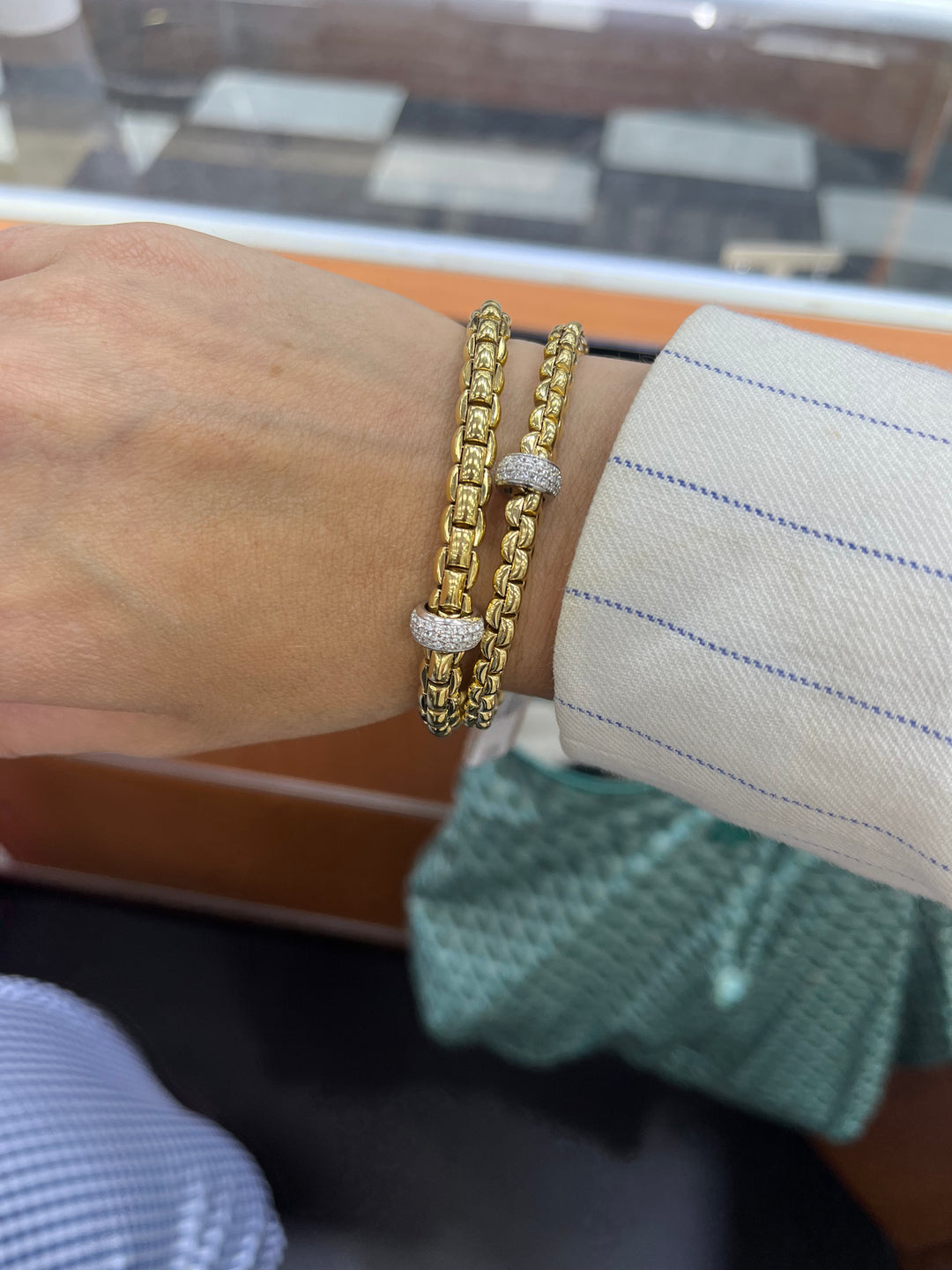 FOPE 'EKA' Gold Pave Diamond Rondel Stretchy Bracelet (707B