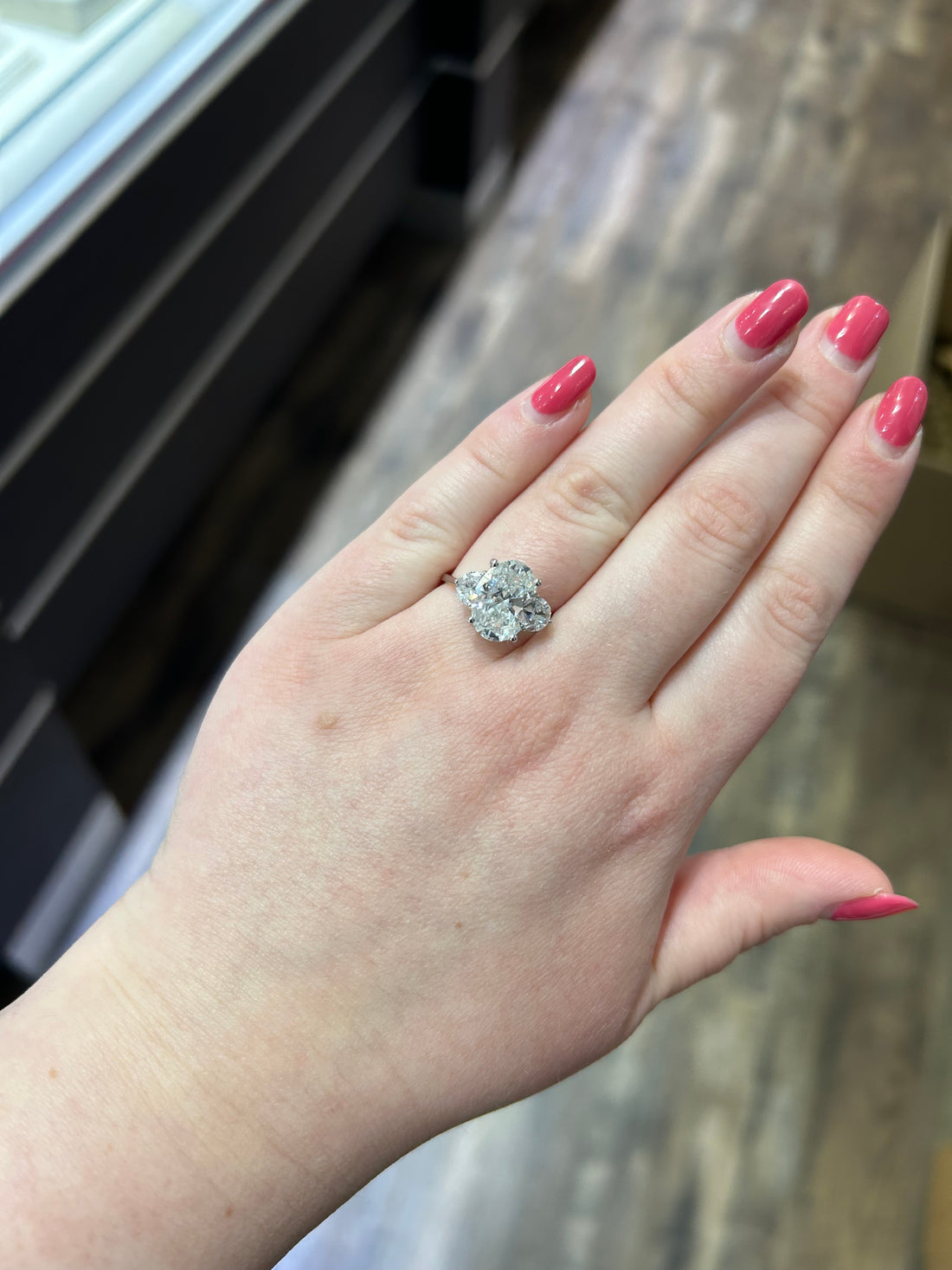 14K White Gold Three Stone Solitaire Lab Diamond Oval Engagement Ring with Half Moon Side Stones