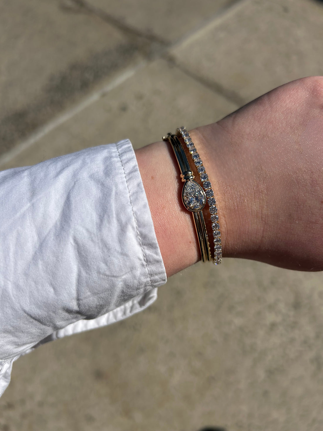 14K Yellow Gold Bangle with Pear Shape Lab Diamond