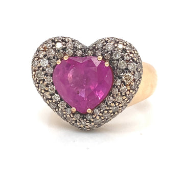 Savoia Pave Brown Diamond Pave Pink Ruby Heart Fashion Ring
