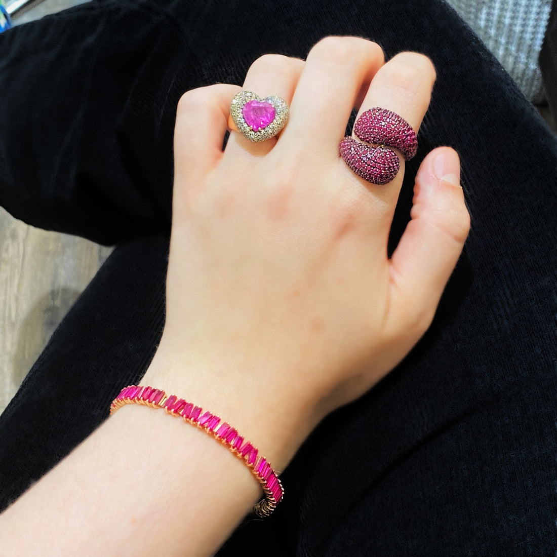 Savoia Pave Brown Diamond Pave Pink Ruby Heart Fashion Ring